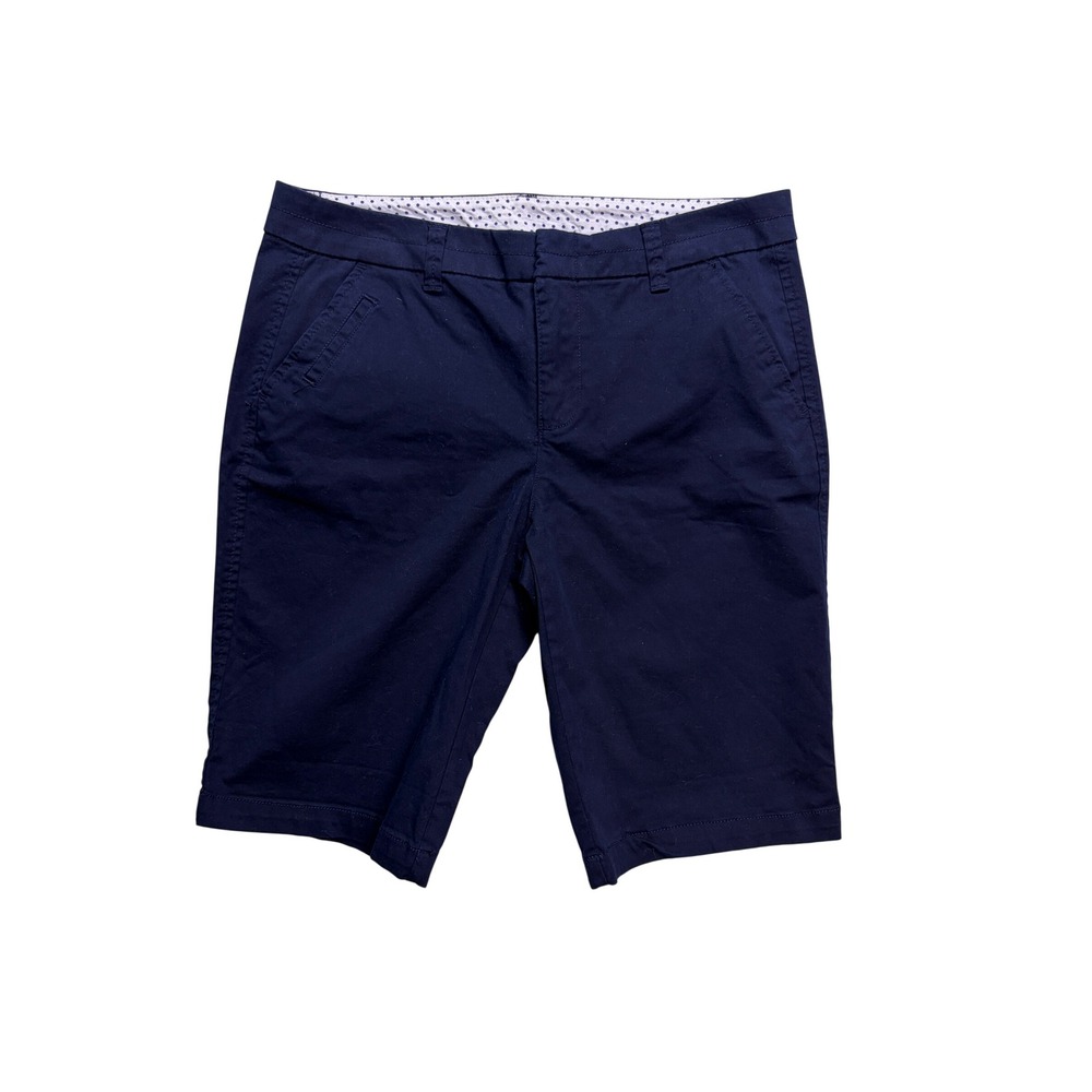 JCP Bermuda Shorts Women 6 Navy Blue Chino Polka Dot Waistband Casual